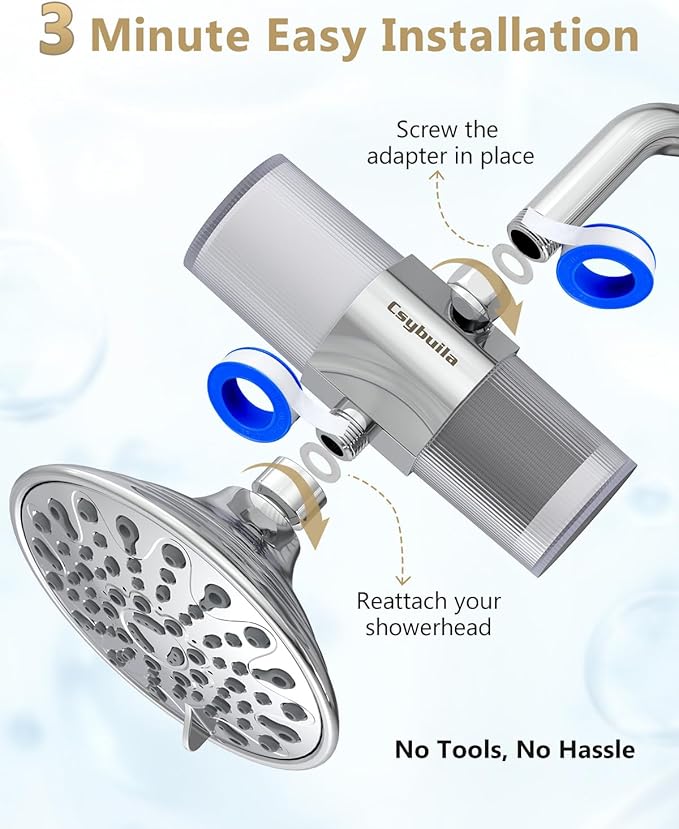 Dual Cartridge Shower Filter with Multi-Stage & Carbon Fiber Filtration, Hard Water Softener for Chlorine & Heavy Metal Removal, Skin & Hair Care, Tool-Free Installation