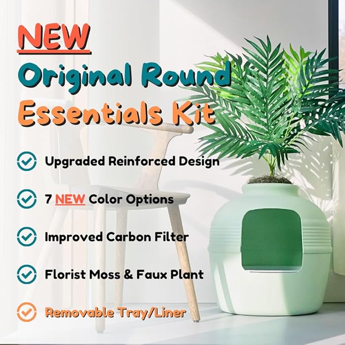 Good Pet Stuff Hidden Litter Box Planter, Decorative Cat Litter Enclosure with Carbon Filter & Faux Plant, Made in USA, Removable Liner, Odor Control, NEW Round Style, Essentials Kit, Sage Green