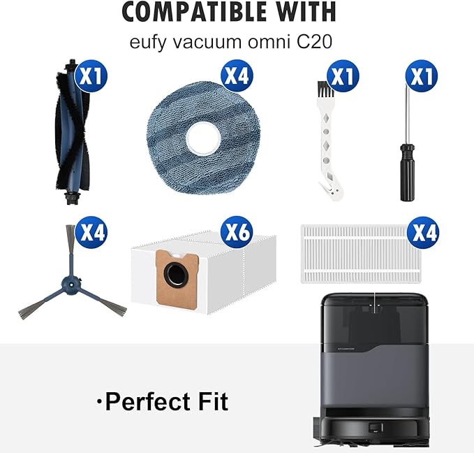 21 Pcs Accessories Kit Compatible with eufy Vacuum Omni C20, Replacement Parts include 1 Main Brush, 4 Side Brushes, 6 Dust Bags, 4 Mop Pads, 4 Washable Filters, 1 Cleaning Tool and1 Screwdriver