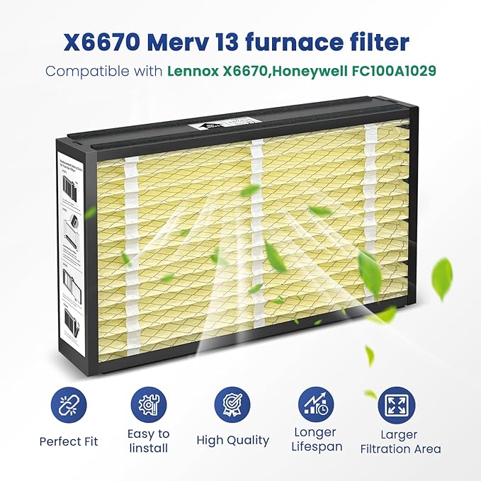 2-Pack 16x25x5 Air Filter MERV 13 Superior Pet & Allergy Defense, Pleated HVAC AC Furnace Filters Compatible with Lennox X6670 (Actual Size: 15.75 x 24.75 x 4.38inch)