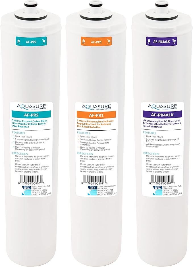 Aquasure ‎‎Premier Series Stage 1, 2, 4 Sediment, Carbon Block & Alkaline Remineralizing Replacement Filter Cartridge AF-PRE-ALK, for AS-PR75/100 4-Stage Reverse Osmosis RO Water Filtration System