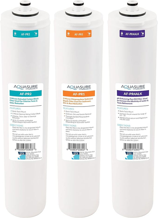 Aquasure ‎‎Premier Series Stage 1, 2, 4 Sediment, Carbon Block & Alkaline Remineralizing Replacement Filter Cartridge AF-PRE-ALK, for AS-PR75/100 4-Stage Reverse Osmosis RO Water Filtration System