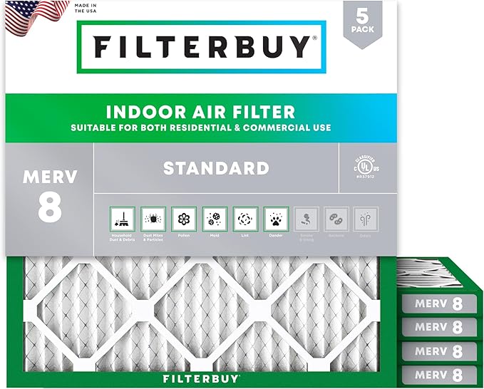Filterbuy 12x12x1 Air Filter MERV 8 Essential Dust & Allergy Defense (5-Pack), Electrostatic Pleated HVAC AC Furnace Filters Replacement, Made in USA (Actual Size: 11.75 x 11.75 x 0.75)