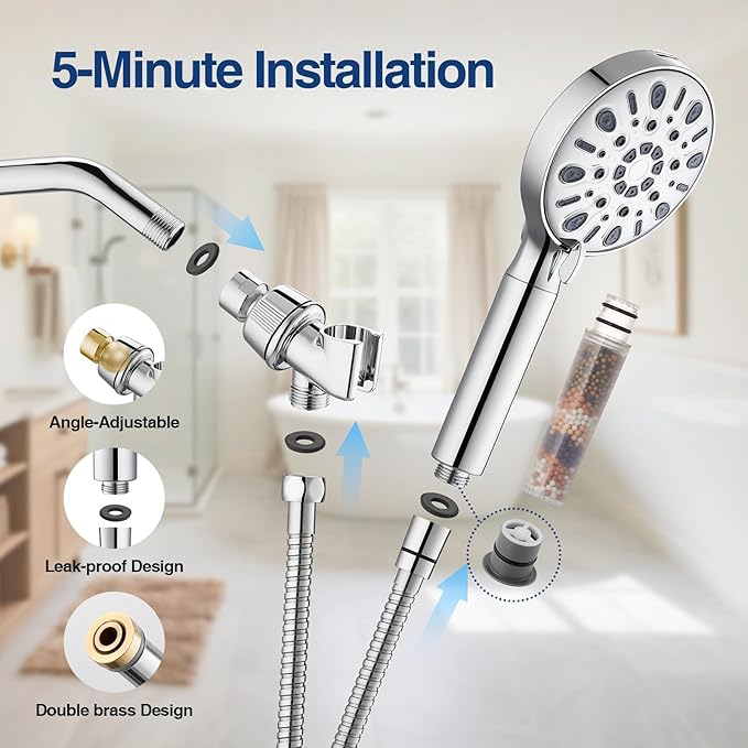 Filtered Shower Head with 8 Spray Modes, High Pressure Handheld Showerhead Filter for Hard Water Filtering Showerhead with Hose(N8HS702CP)