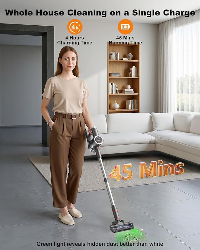 Cordless Vacuum Cleaner, Stick Vacuum Rechargeable, 550W 45KPA Powerful Suction Lightweight Vacuum Cleaners for Home, Anti-Tangle, Self Standing for Pet Hair Hardwood Floor Carpet - Sliver