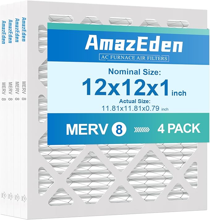 12x12x1 Air Filter 4 Pack MERV 8 HVAC AC Furnace Pleated Air Filters for Home Dust Defense Replacement Filters MPR 600 FPR 5 (Actual Size: 11.81"x11.81"x 0.79")