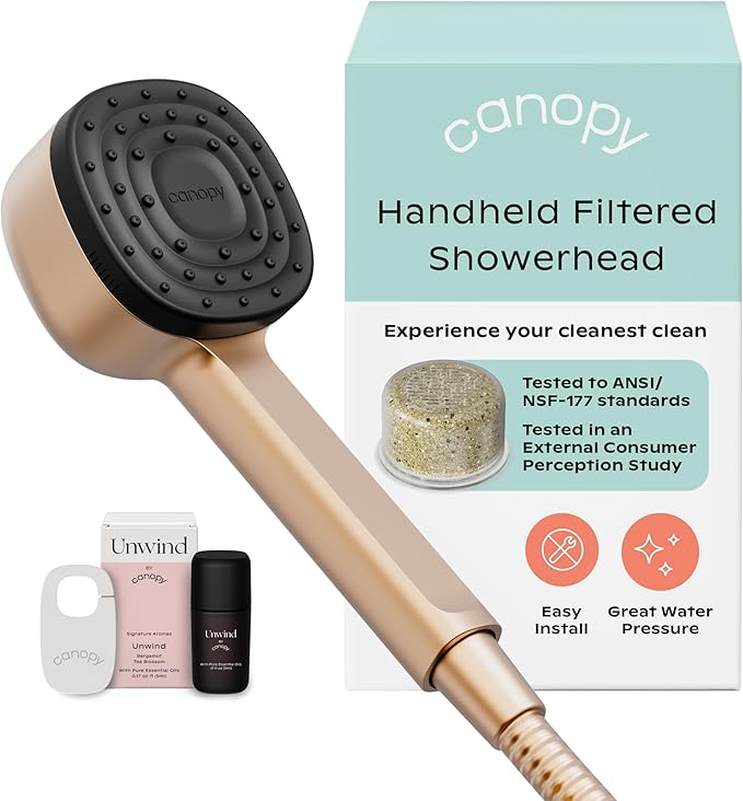 Canopy Handheld Filtered Shower Head & Scalp Massager - High Pressure Shower Head Filter for Hard Water - Shower Filter To Remove Impurities for Healthier Scalp, Skin & Hair - Hair Growth - Brass