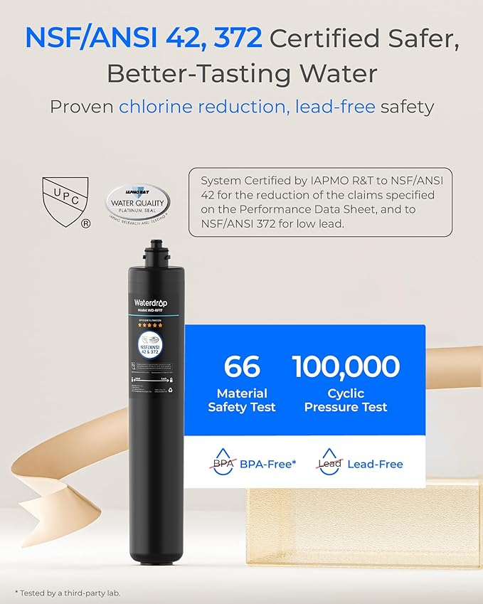 Waterdrop RF17 Water Filter Replacement for Waterdrop 17UA/17UB Under Sink Water Filter, Reduces PFOA/PFOS, PFAS, Lead, Chlorine, Bad Taste & Odor, NSF/ANSI 42 Certified, 3 Years