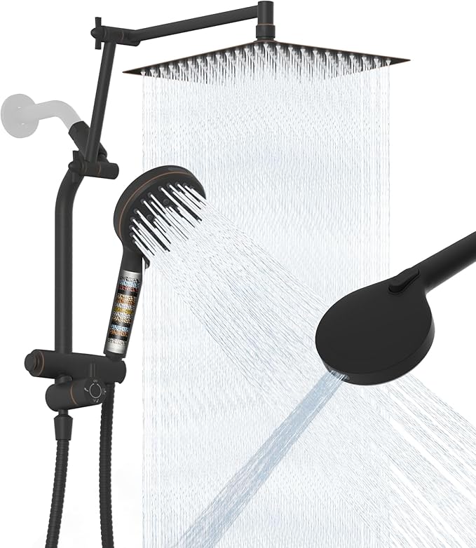 12" All-Metal High-Pressure Rain Shower Head with Handheld- 10-Spray Power Wash with Shower Filter, Easy Reach 4-Way Diverter with Pause Mode, Adjustable 16" Extension Arm/71" Hose, Oil Rubbed Bronze