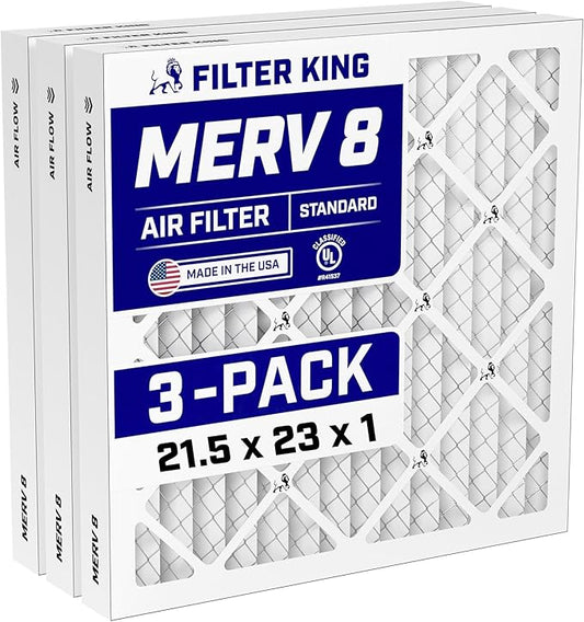 Filter King 21.5x23x1 Air Filter (MERV 8) (3-Pack) Dust & Allergy Control AC Furnace Filters, MADE IN USA, HVAC, Pleated, Electrostatic (Actual Size: 21.5 x 23 x .75)