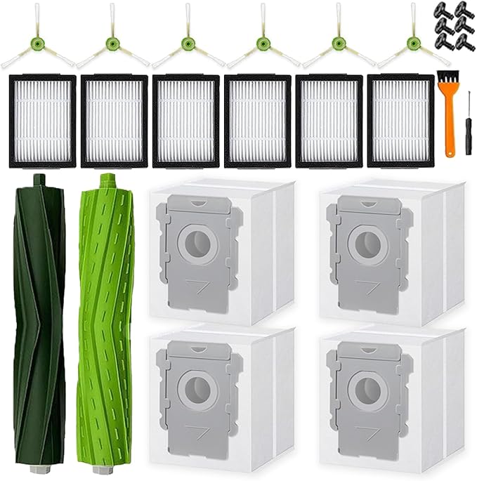 19 Pack of replacement parts, Suitable for iRobot Roombai3 i3+ i7 i7+ i4+ i5 i5+ j5 j5+ i6 i6+ i8 i8+ i2 J7 E5 i&E&J series vacuum cleaner, 1 Set Rubber Brushes 6 filters, 6 edge brushes, 4 dust bags