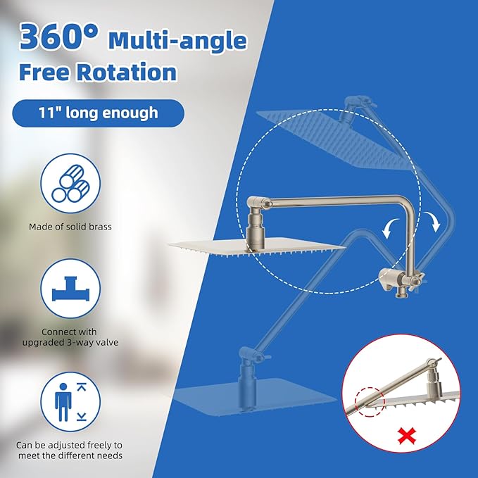 All Metal Shower Head, 10" High Pressure Rainfall/Handheld Shower Combo with 11" Extension Arm, 10-Spray Handheld Showerhead, 71" Long Hose, 3-Way Diverter Valve, Brushed Nickel