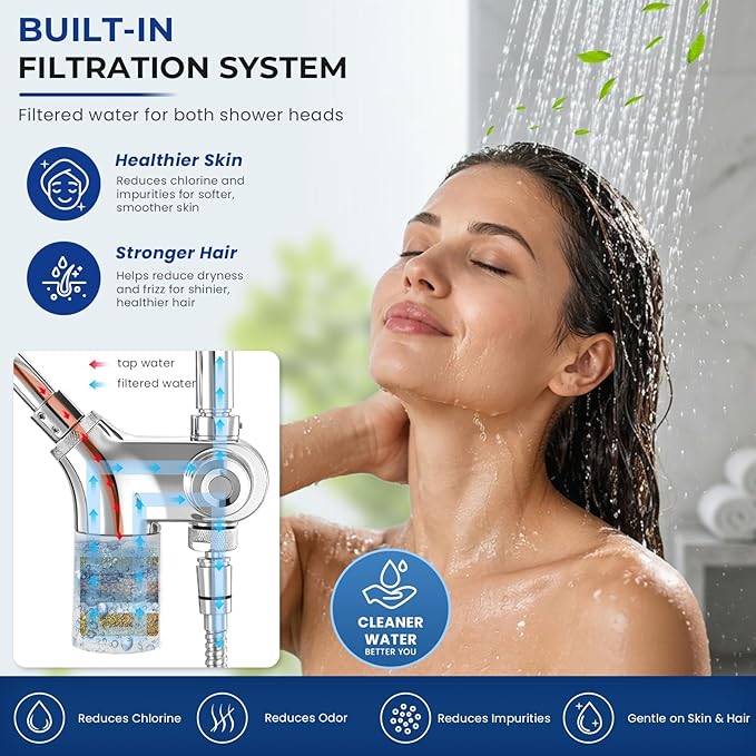 Ryamen Upgraded Dual Shower Heads Combo, 10 inch Filtered Shower Head with Handheld, 3-Way Rain Shower Head with Filters, 7 Settings Handheld Spray, High Pressure, Height Adjustable (Silver)