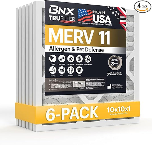 BNX TruFilter 10x10x1 Air Filter MERV 11 (4-Pack) - MADE IN USA - Allergen Defense Electrostatic Pleated Air Conditioner HVAC AC Furnace Filters for Allergies, Dust, Pet, Smoke, Allergy MPR 1200 FPR 7