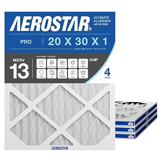 Aerostar 20x30x1 MERV 13 Air Filter, 4 Pack Set of HVAC Furnace Filters, Electrostatic MPR 1500-1900 & FPR 10 (Actual Size: 19 3/4 x 29 3/4 x 3/4 inches)
