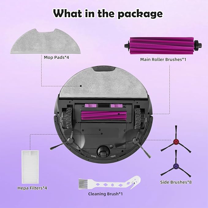 18 Pack E10s Accessories Kit Replacement Compatible with Eureka E10S / E20 Plus Robot Vacuum Cleaner, 1 Main Roller Brushes, 8 Side Brushes, 4 Hepa Filters, 4 Mop Pads,1 Cleaning Brush