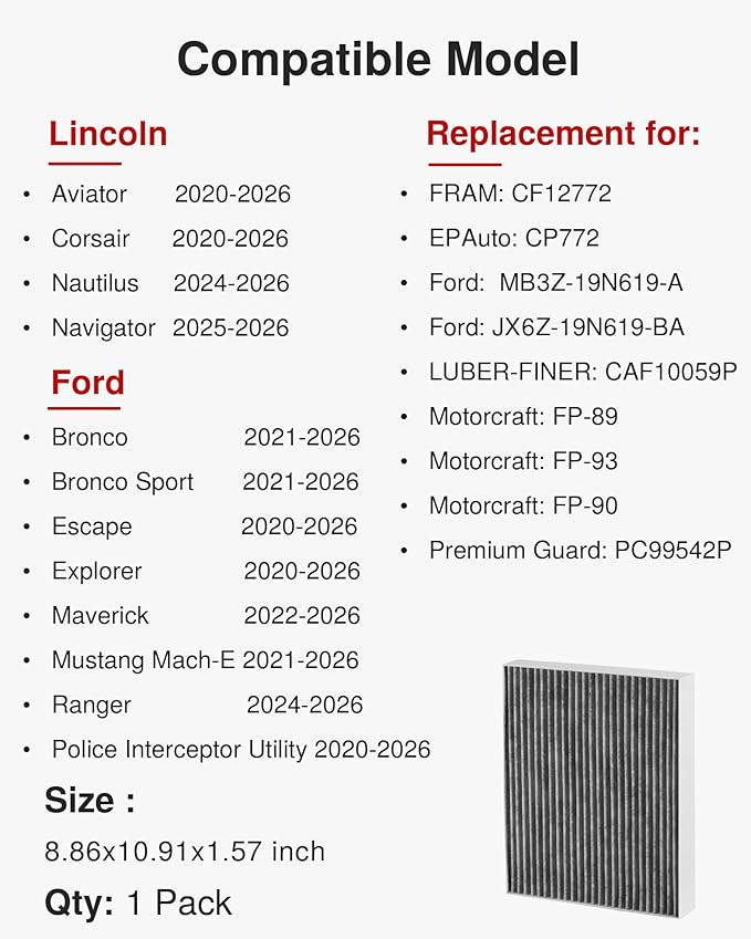 Puroma Cabin Air Filter with Activated Carbon, Replacement for CF12772, CP772, Ford Bronco, Bronco Sport, Escape, Explorer, Maverick, Mustang Mach-E, Ranger, Lincoln Aviator, Corsair, Nautilus