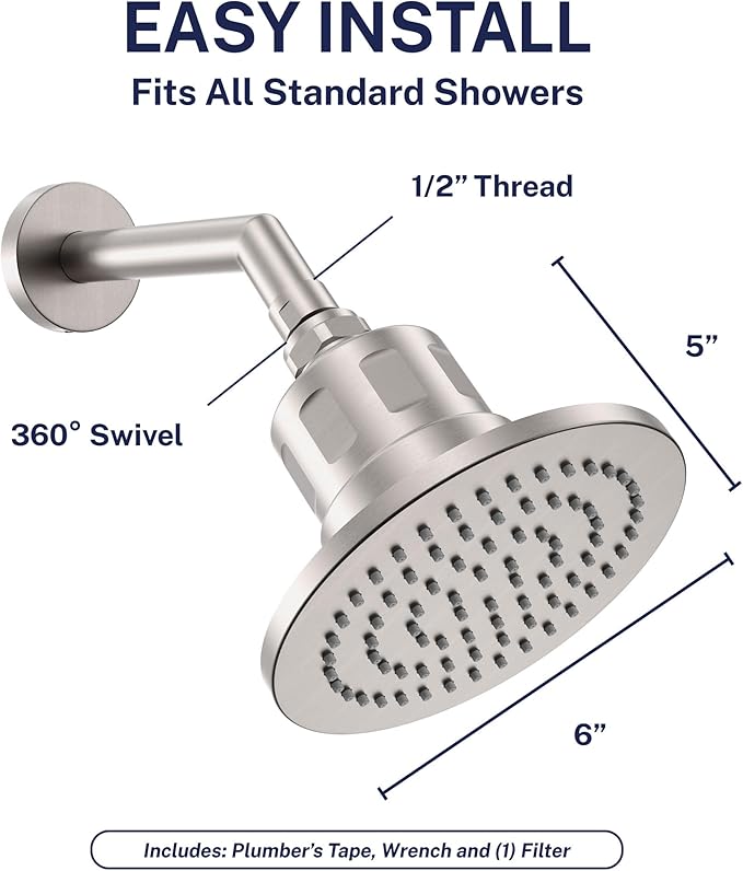 Gillian™ by HammerHead High Pressure Shower Head with Filter – Genuine KDF-55 Filtered Shower Head for Hard Water, Healthier Skin & Hair – Metal 6-Inch Rainfall Showerhead with Filters, Brushed Nickel