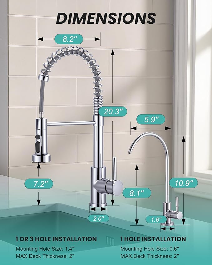 Kitchen Faucet and Water Filter Faucet: Chrome Kitchen Sink Faucet with Drinking Water Faucet - Stainless Steel Single Handle Tap with Pull Down Sprayer for Kitchen Sink Farmhouse Bar