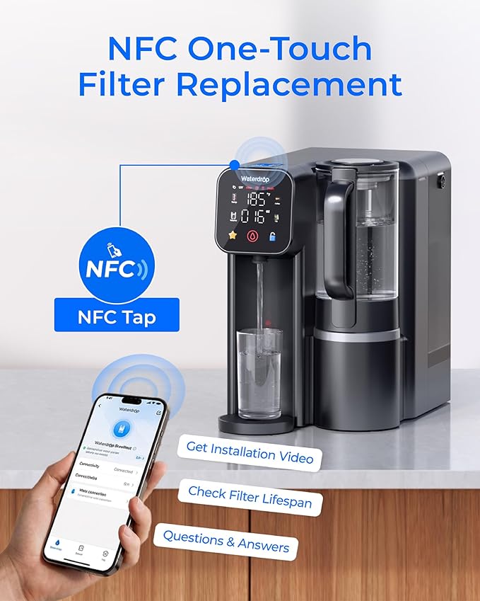Waterdrop M6H Instant Hot Reverse Osmosis System Countertop Water Filter, 7-Stage, 3:1 Pure to Drain, Hot Water Dispenser with 5 Temperature Options, RO System with Glass Pitcher