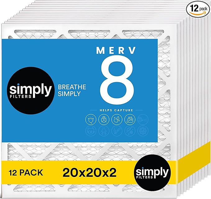 Simply 20x20x2 Air Filter, MERV 8, 12 Pack, Furnace Air Filter for HVAC (Actual Size:19.5"x19.5"x1.75") DUST, Pet, & Allergy Control