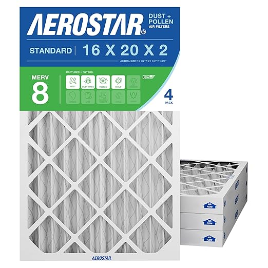 Aerostar 16x20x2 MERV 8 Air Filter, 4 Pack Set of HVAC Furnace Filters, Electrostatic MPR 600 & FPR 5 (Actual Size: 15 1/2 x 19 1/2 x 1 3/4 inches)
