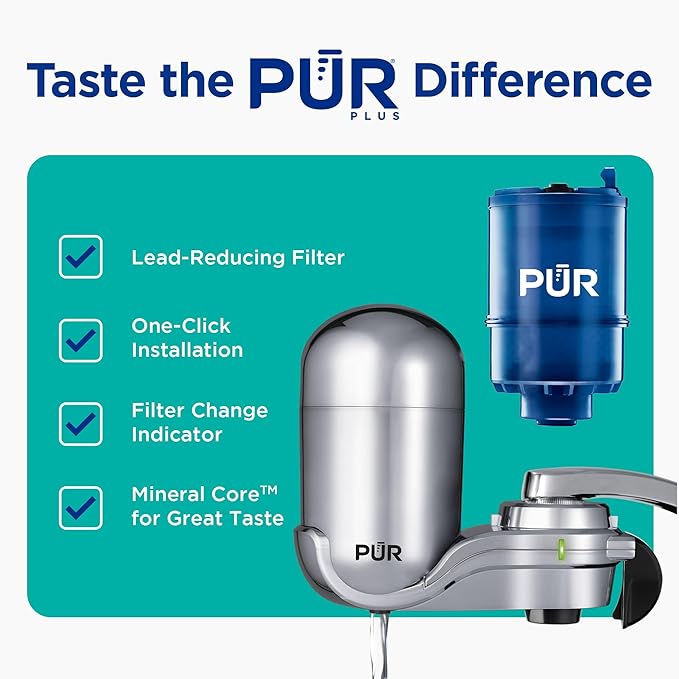 PUR Plus Vertical Faucet Mount Water Filtration System, Lead-Reducing Filter, Great-Tasting, Easy Install, Lasts 100 Gallons, Faucet Water Filter, Compatible with Sinks with External Aerators, Chrome