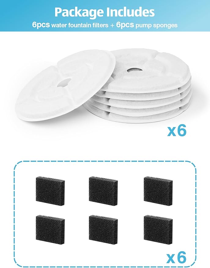 SIBAYS 6 Pack 7" Large Cat Water Fountain Filters Replacement for 2.5Gal/9.5L Dog Water Fountain(FS68/FS82) with 4 Layers Filtration System, Made of Coconut Shell Activated Carbon and PP Cotton L03