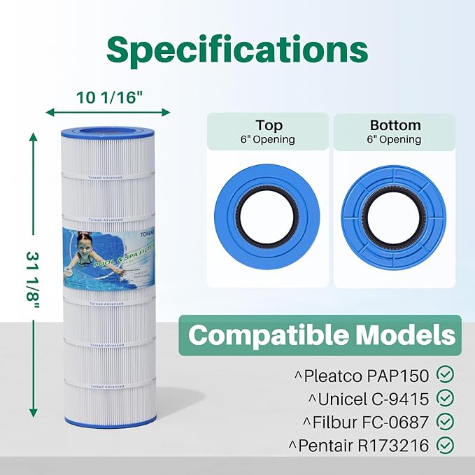 TOREAD Pool Filter Replacement for Pentair CC150, CCRP150, PAP150, PAP150-4, Ultral-C4, PP-C4, Unicel C-9415, R173216, 59054300, Filbur FC-0687, 160317, 160355, 160352, L x OD: 31 1/8" x10 1/16"