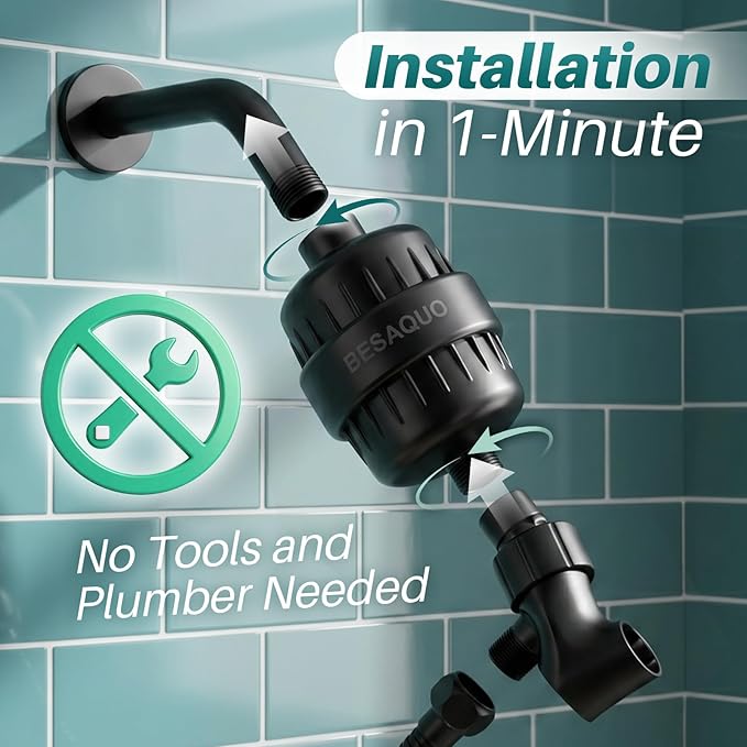 BESAQUO Shower Filter Head for Hard Water, Remove Chlorine, Heavy Metals, for Softer Skin, Shinier Hair and Stronger nails, with 20 Filtration Stages (Matte Black)