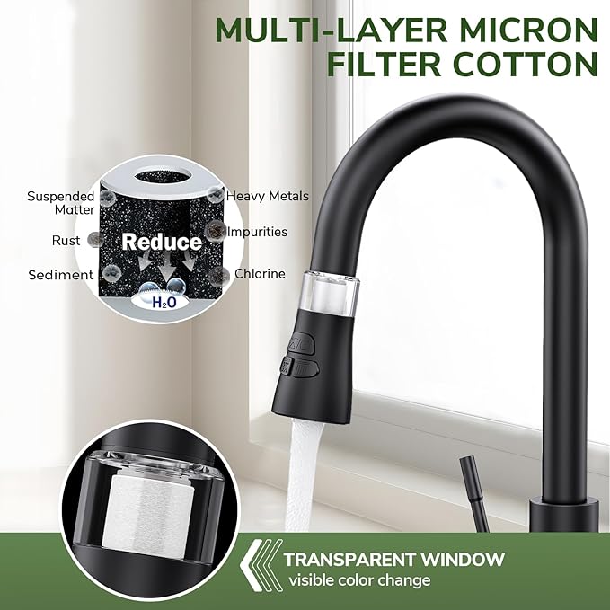 Kitchen Faucet with Pull Down Sprayer, Hurran Matte Black Water Filter Faucets, High Arc Single Handle Kitchen Sink Faucet 1 or 3 Hole, Utility Sink Faucets with Deck Plate for Farmhouse Rv Wet Bar