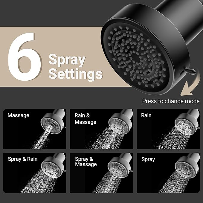 Filtered Shower head for Healthier Hair & Skin – Removes Chlorine & Heavy Metals,High Pressure 6 Mode Settings Shower Head Filter for Hard Water (Matte Balck)