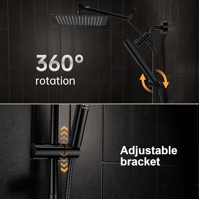 Veken All Metal 10" Black Shower Head with Handheld, Luxurious Square Double Rain Shower Heads with Power Wash Hand Held,Dual High Pressure Detachable Rainfall Showerhead with Arm,Bathroom,Matte Black