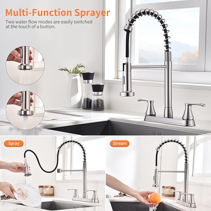 HOMELODY 2 Handles Kitchen Faucet with Pull Down Sprayer for 3 Hole Sink, 360° Rotating Spout Commercial 2 Handle Stainless Steel Kitchen Faucets with Deck Plate Brush Nickel