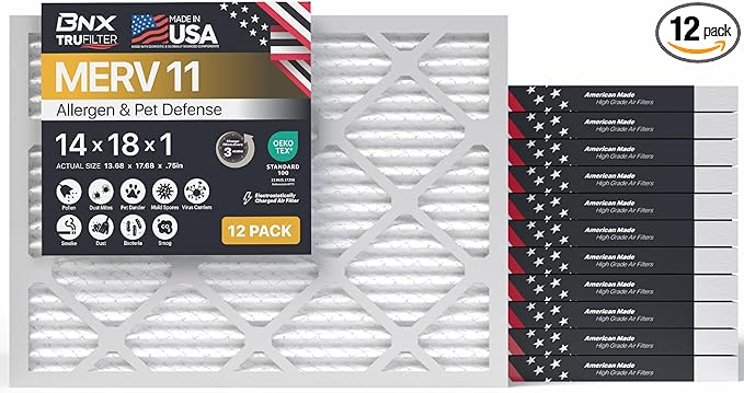 BNX TruFilter 14x18x1 Air Filter MERV 11 (12-Pack - MADE IN USA - Allergen Defense Electrostatic Pleated Air Conditioner HVAC AC Furnace Filters for Allergies, Dust, Pet, Smoke, Allergy MPR 1200 FPR 7