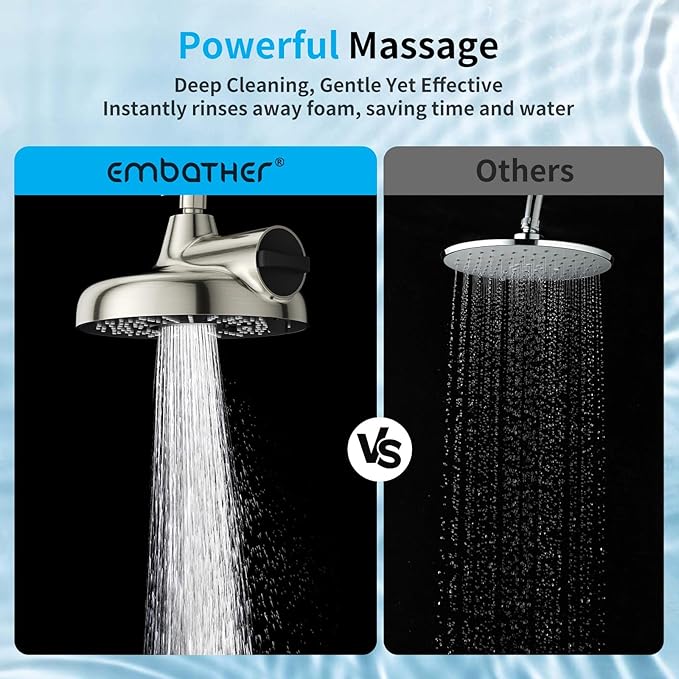 Filtered Shower Head with Extension Arm - EMBATHER 8 Inch Hign Output Showrhead with 3 Spray Settings, 18 Stage Filter for Hard Water, 11" Adjustable Arm, Brushed Nickel,Brass Swivel Ball Jiont