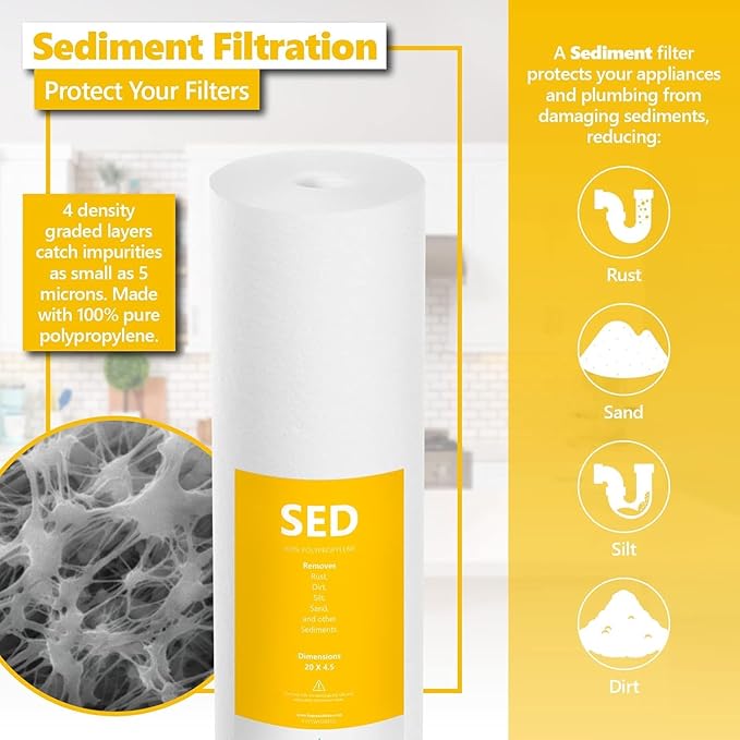 Express Water Whole House Water Filter Set for Anti Scale – 3 Stage Filtration Water Conditioner Replacement Kit – Sediment, Carbon Block, Polyphosphate High Capacity Cartridge – 4.5” x 20” inch