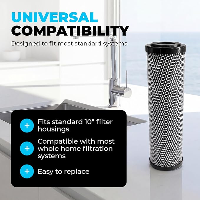 1 Micron 10" x 2.5" Activated Carbon Whole House Water Filter Replacement Charcoal Block Cartridge Set - Coconut Shell Carbon - Fits Whole Home/Under-Sink Systems, Reduces Chlorine & Odor - 4-Pack