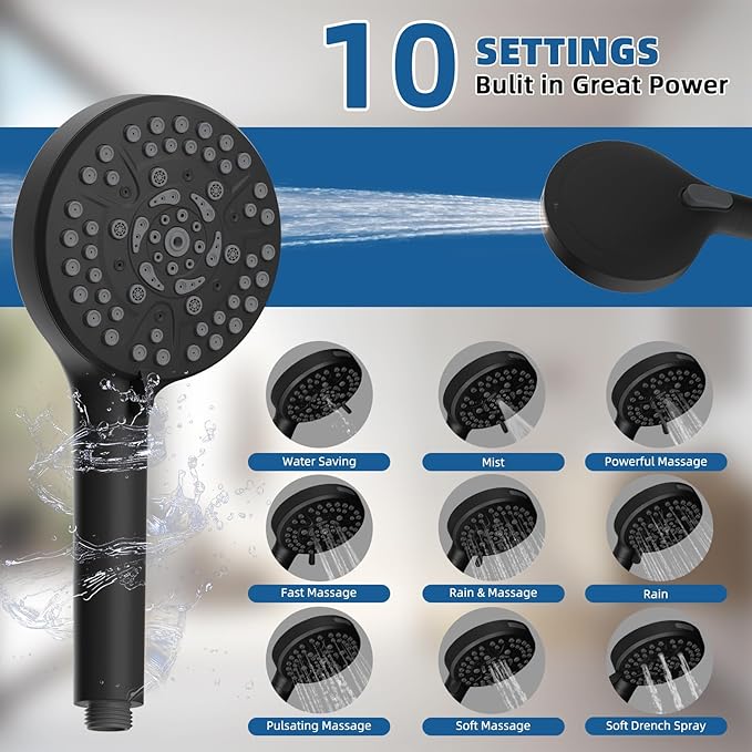 12" All Metal Shower Head, High Pressure Rainfall Shower Head/Handheld Showerhead Combo with 11" Adjustable Shower Extension Arm, 71" Hose, Shower Head Holder, Matte Black