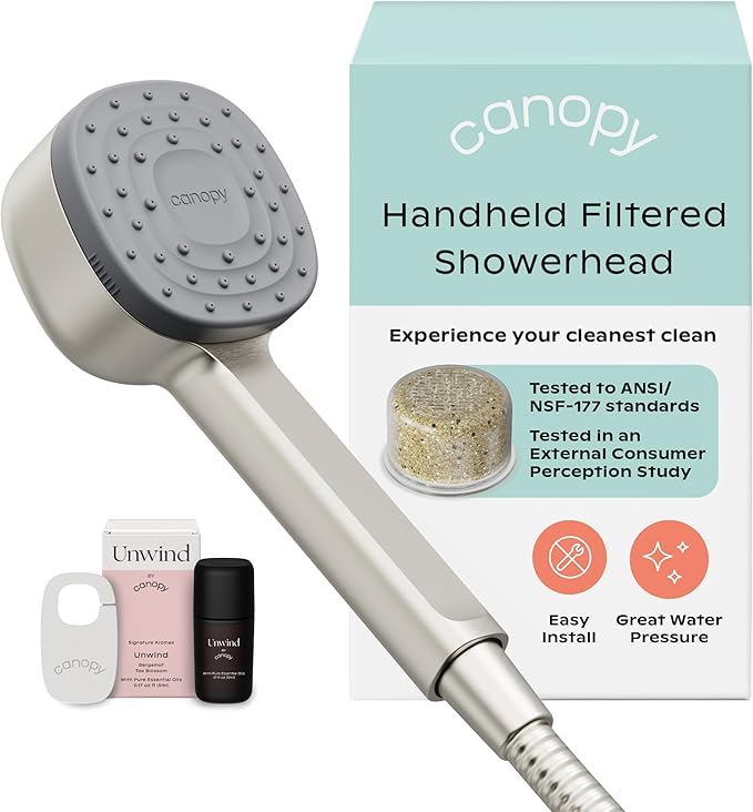 Canopy Handheld Filtered Shower Head & Scalp Massager - High Pressure Shower Head Filter for Hard Water - Shower Filter To Remove Impurities for Healthier Scalp, Skin & Hair - Hair Growth - Nickel