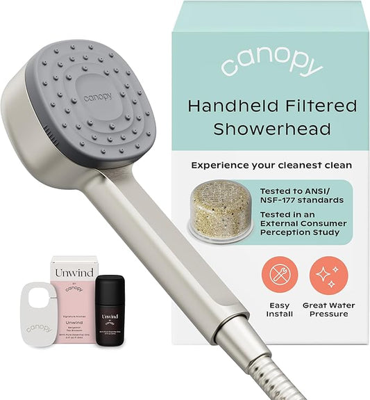 Canopy Handheld Filtered Shower Head & Scalp Massager - High Pressure Shower Head Filter for Hard Water - Shower Filter To Remove Impurities for Healthier Scalp, Skin & Hair - Hair Growth - Nickel