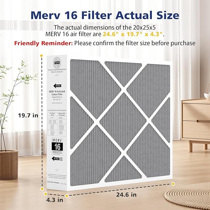 1 Pack 20x25x5 MERV 16 Air Filter, Compatible with Lennox HCC20-28 MERV 16 Furnace Filter for HVAC System, Part Number HCF20-16, HCF20-10