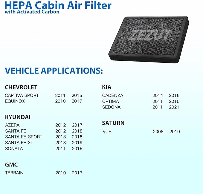Cabin Air Filter, Equinox 2010-2017, Sonata 2011-2014, Optima 2011-2015, Santa Fe 2012-2018, Terrain 2010-2017, Vue 2008-2010, Sedona 2011-2021, AZERA 2012-2017, Activated Carbon Beads (CF11819)