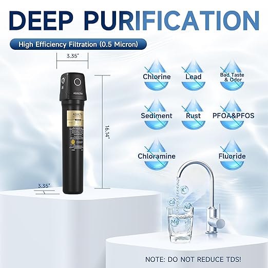 AQUALTRA USF02-BK Under Sink Water Filter System, 20K Gal, NSF/ANSI/CAN 372 Certified, Reduces PFOA, PFOS, Chlorine, Lead, Mercury, Chloramine, Fluoride, Microplastics Particles, Bad Taste & Odor