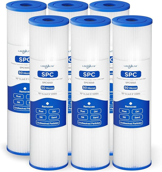 Whole House 50 Micron 10" x 2.5" Pleated Sediment Well Water Filter Cartridge Replacement for W50PE, SPC-25-1050, ECP50-10, R50, FM-50-975, WHKF-WHPL, WPC50-975 & Cold Plunge Water Chiller (Pack of 6)