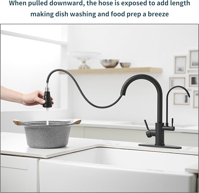 Black Kitchen Faucets with Water Filter and Pull Down Sprayer,Kitchen Sink Faucet,Two Handle Kitchen Sink Faucet with Pull Down Sprayer for 3 Function,Kitchen Faucets Without Water Filtration Device