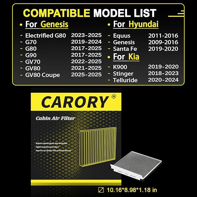 CARORY Cabin Air Filter w/Activated Carbon for Kia Telluride 2020-2023, Hyundai Santa Fe 2019-2020, Genesis GV70 2022-2025, GV80 2021-2025, G70 2019-2023, G80 2017-2025 and More