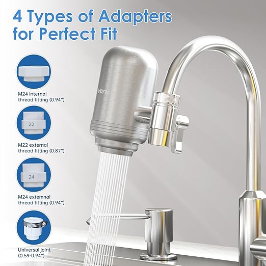 Vortopt Faucet Water Filter for Sink, Rapid Flow - 400 Gallons Faucet Mount Water Filtration System for Tap Water, NSF Certified Reduces Chlorine (Grey-T2-2 Filter)
