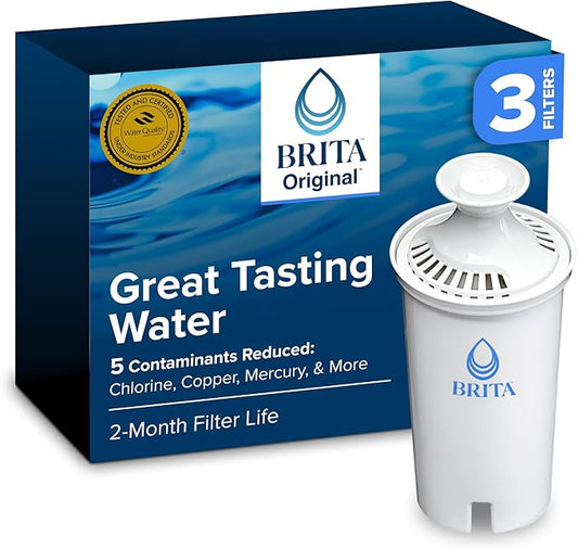 Brita Standard Water Filter for Pitchers and Dispensers, BPA-Free, Reduces Copper, Cadmium and Mercury Impurities, Lasts Two Months or 40 Gallons, Includes 3 Filters for Pitchers