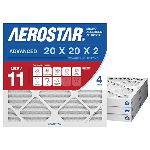 Aerostar 20x20x2 MERV 11 - 4 Count - Pleated HVAC, Furnace & Air Conditioner Filters - Removes Dust, Cold & Flu Germs, Lint, Mold, Pet Dander, Allergy-Causing Pollen, Smog & Smoke